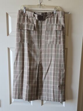 Alice Blue Plaid Straight-Leg Midi Skirt in Flannel Taupe and Cream